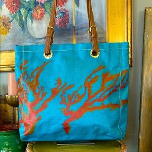 Sakroots Turquoise Orange Brown & Coral Coated Canvas Handbag